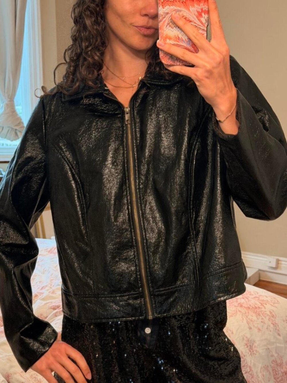 We Wore What Black faux leather jacket with removable blue faux fur collar
